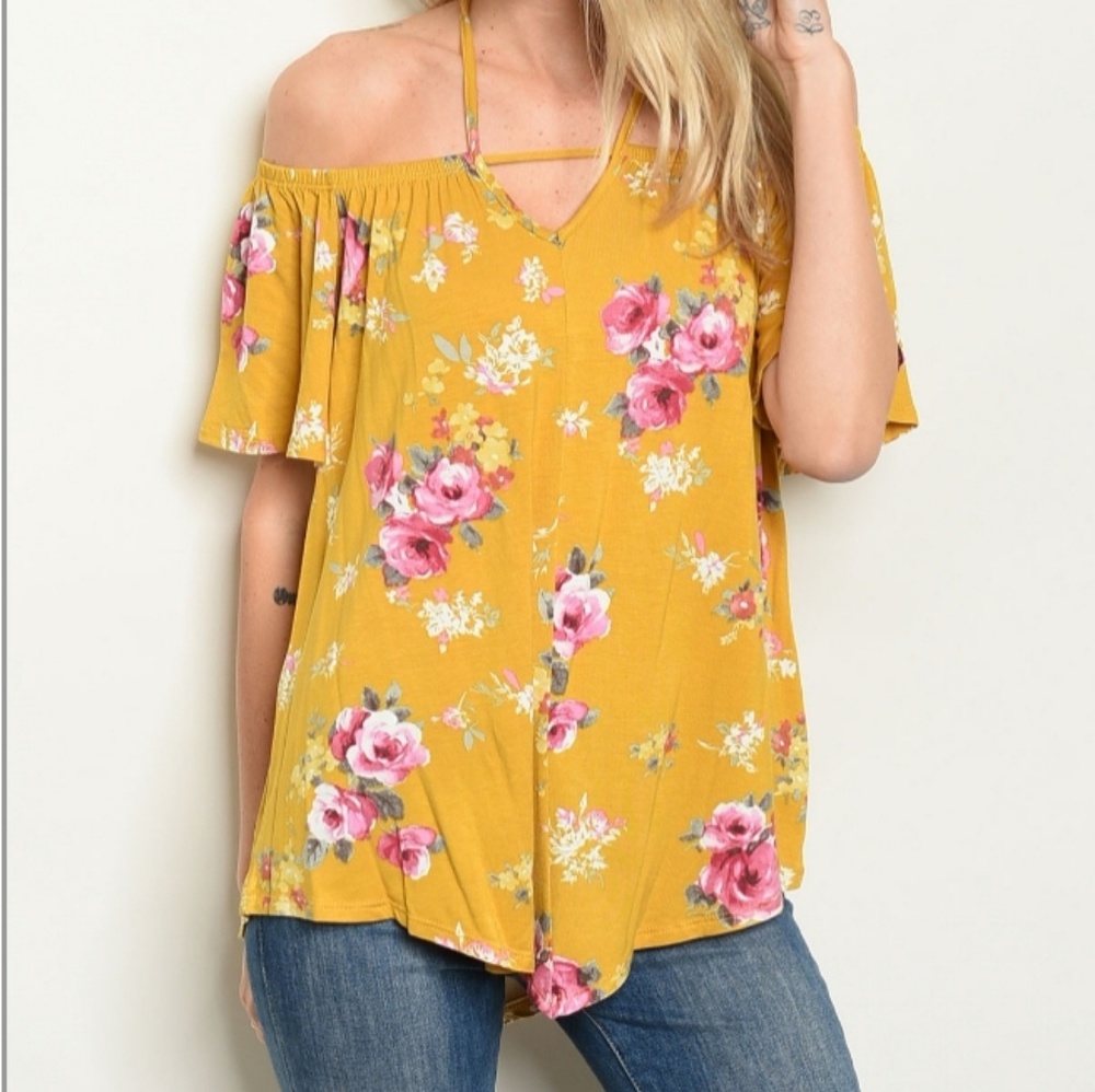 Mustard Floral Yellow Pink Cold Shoulder Top